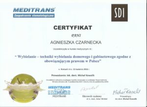 wybielanie zębów - certyfikat specjalisty stomatologa Medicodent Kielce
