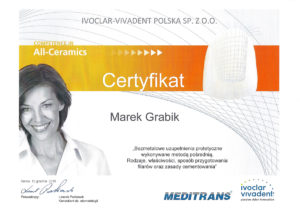 Uzupełnienia protetyczne - certyfikat specjalisty stomatologa Medicodent Kielce